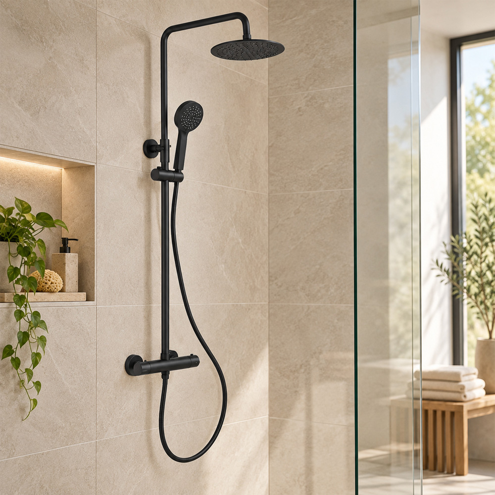 Go Bathrooms Matt Black Round Thermostatic Shower Kit Image 3