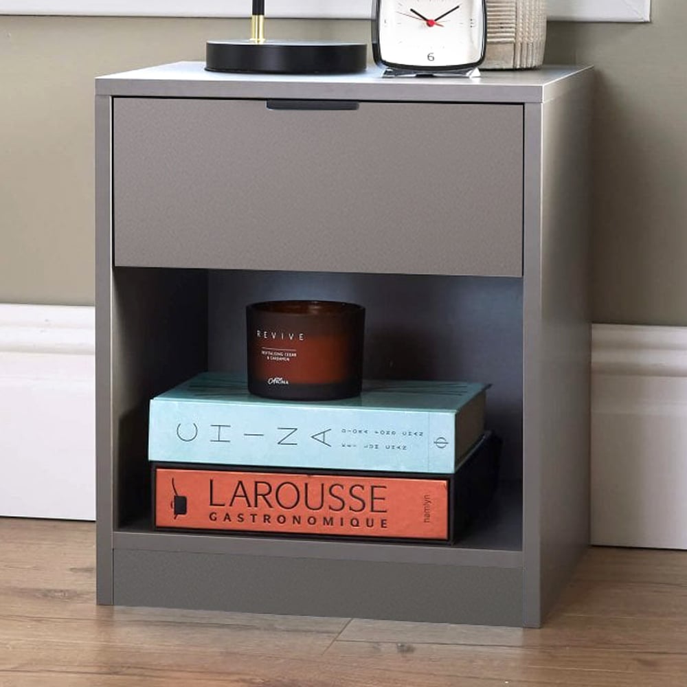 Home Source Phoenix Single Drawer Single Shelf Grey Bedside Table Image 1