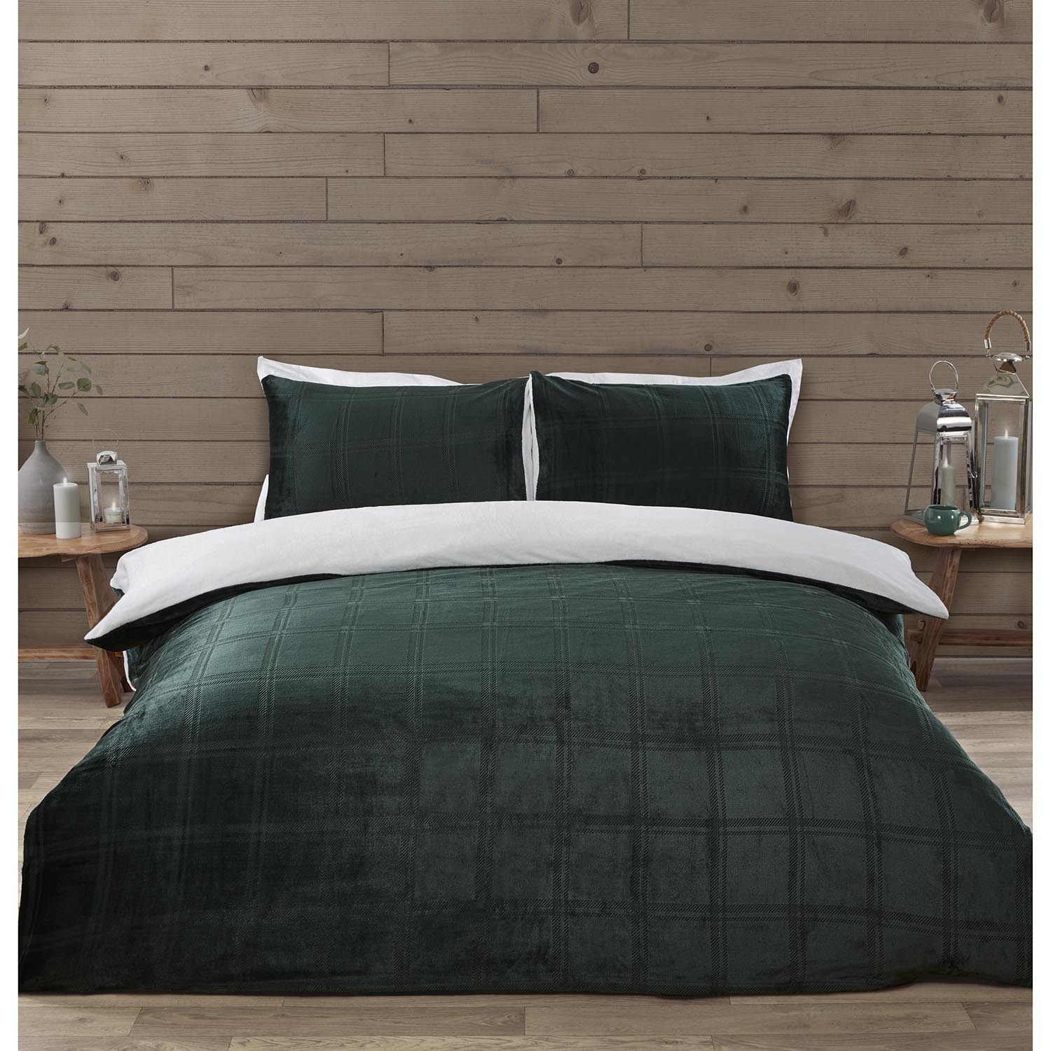 Halston Double Green Check Fleece Duvet Cover and Pillowcase Set Image 6