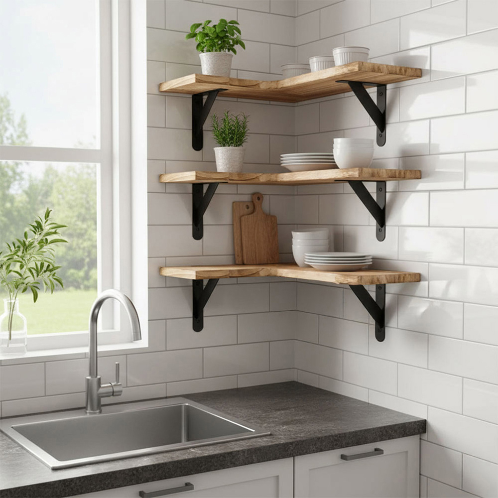 Living and Home Set of 3 Light Brown L-Shaped Corner Wall Shelf Image 7