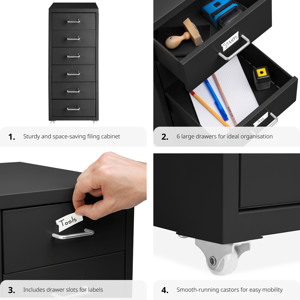tectake 6 Drawer Black Steel Filing Cabinet Image 5