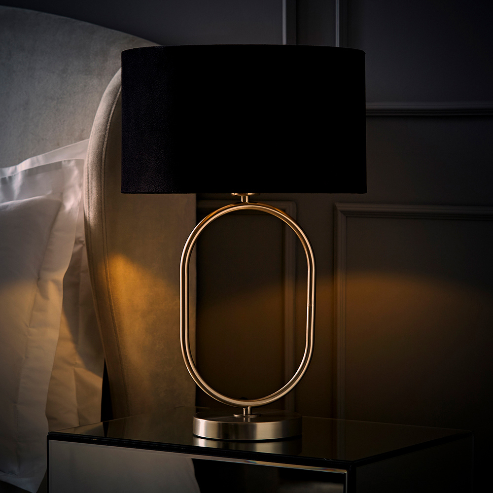 ValueLights Antonia Black Velvet Drum Lamp Shade Brushed Chrome Oval LED Table Lamp Image 2