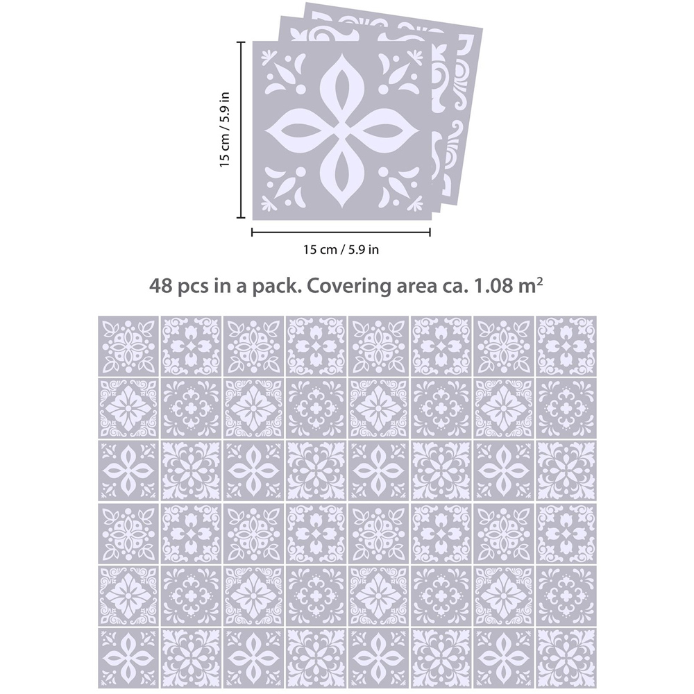Walplus Andalu Light Grey Cement Spanish Wall Tile Sticker 15 x 15cm 48 Pack Image 7