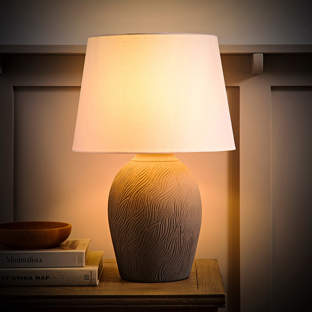 ValueLights Clint Grey Linen Tapered Shade Etched Hand Finished Ceramic LED Table Lamp Image 2