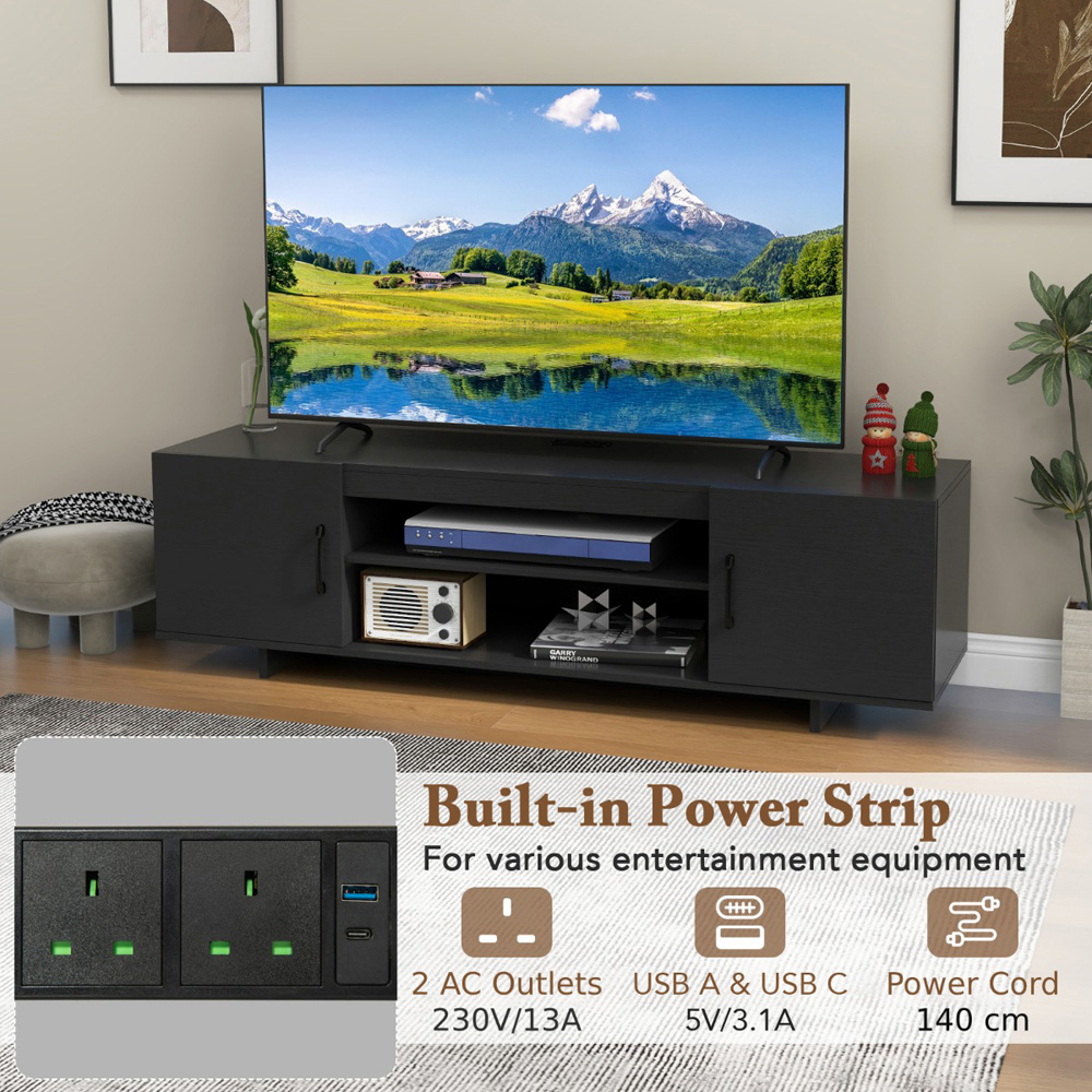 Costway 2 Door 2 Shelf Black TV Stand with Cable Holes and Power Outlet Image 8