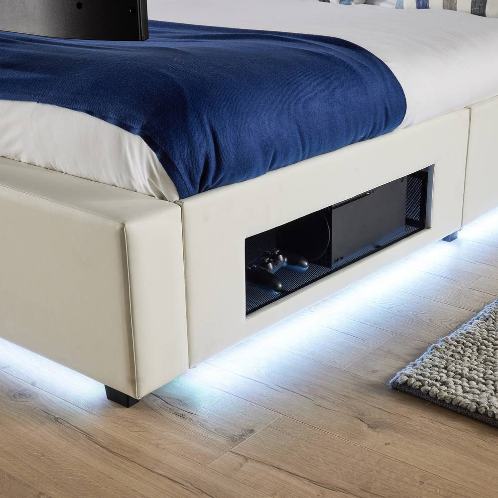XR Living Ava Small Double White PU Upholstered TV Bed with Underbed Lights Image 4