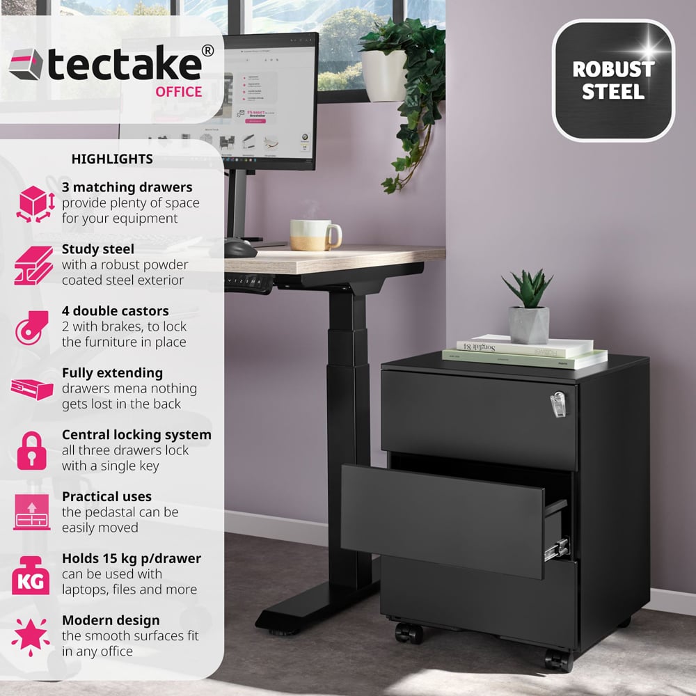 tectake Magna 3 Drawers Black Lockable Chest of Drawers Image 5