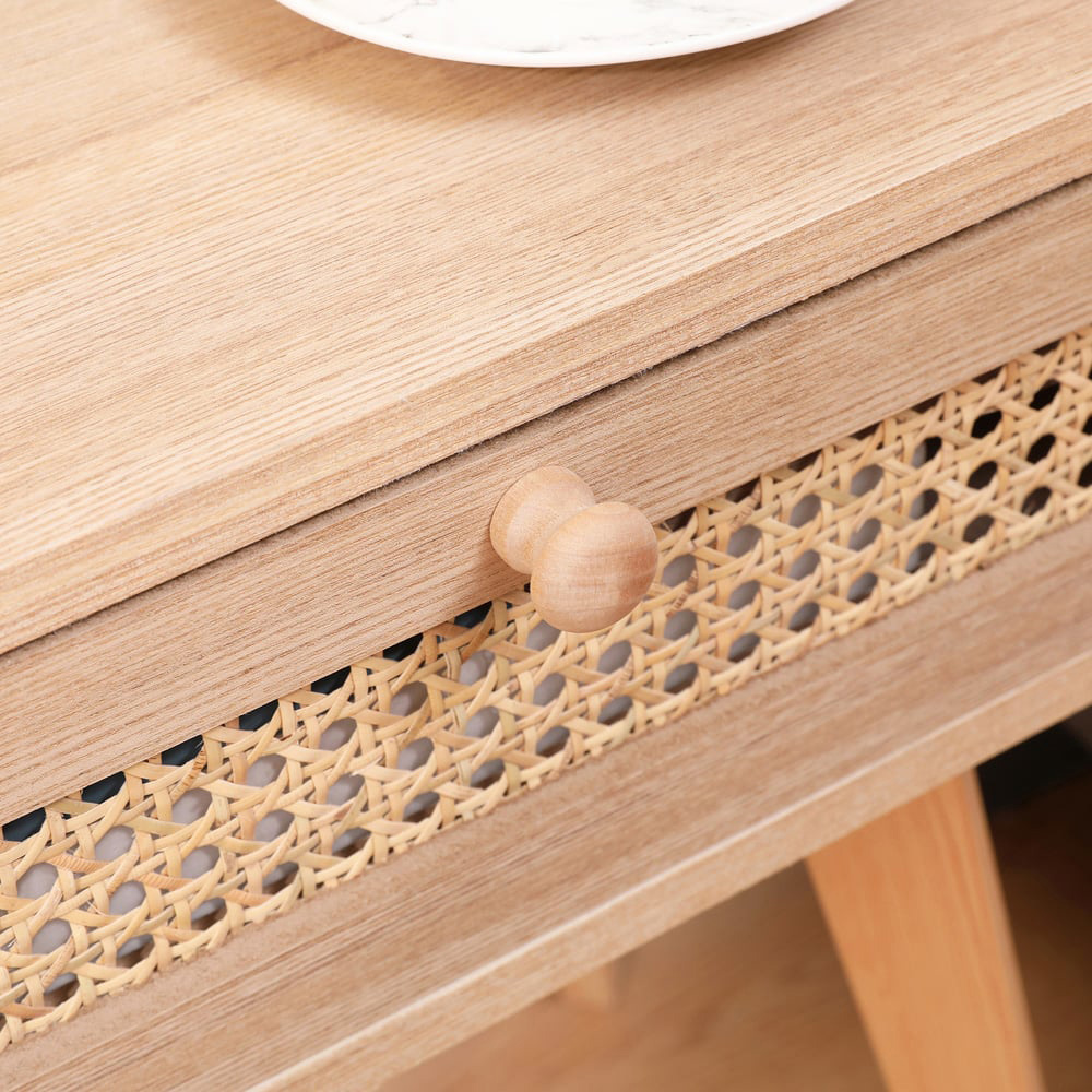 FurnitureHMD Single Drawer Natural Rattan Weaving Side Table with Pine Wood Legs Image 4