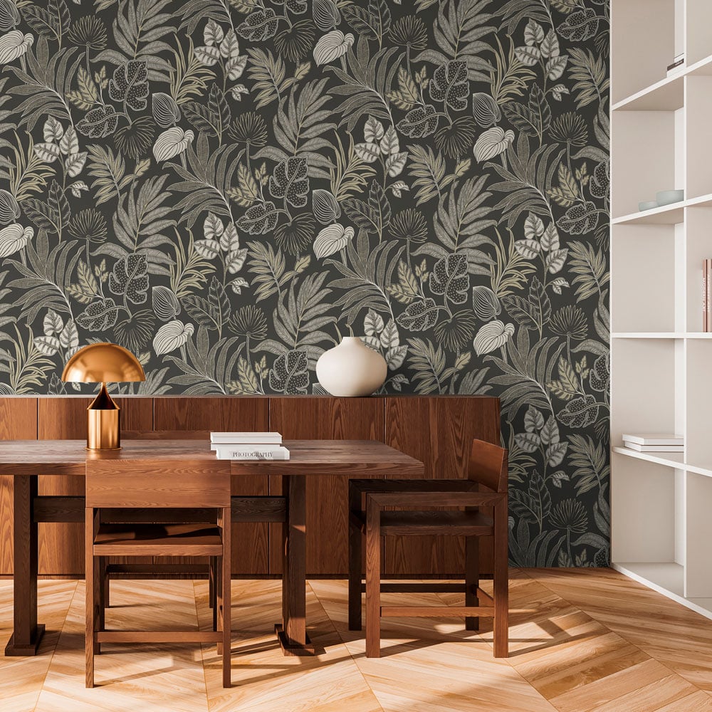 Grandeco Kew Botanical Leaves Blown Vinyl Textured Black Wallpaper Image 2