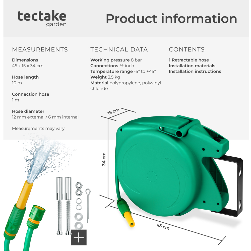tectake 10m Automatic Retractor Hose Pipe and Reel with Hose Stop and ...
