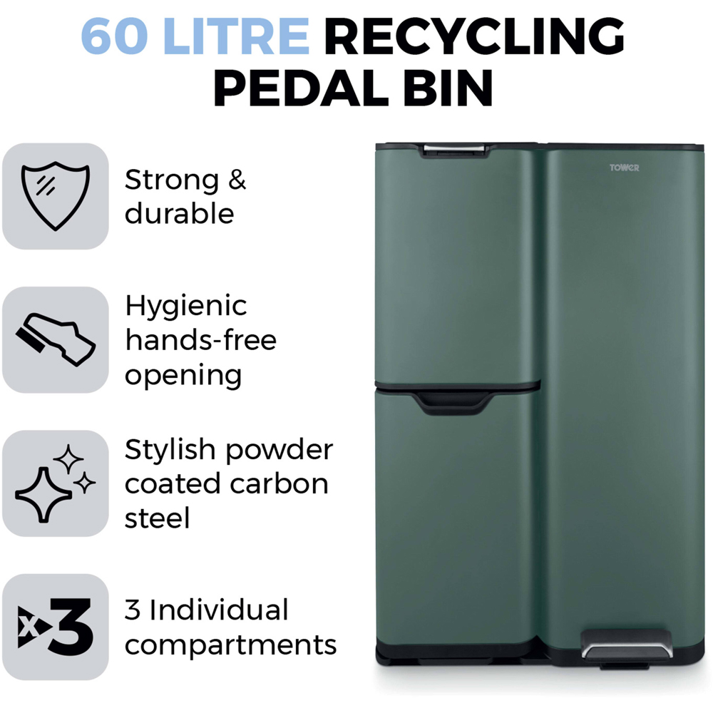 Tower Triple Recycling Green Pedal Bin 60L Image 6