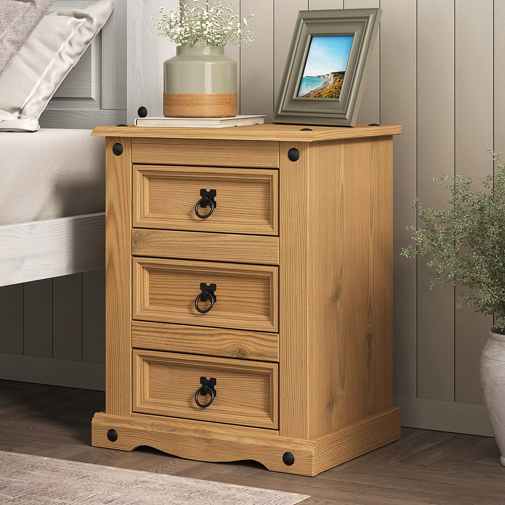 Mews Corona Waxed Pine 3 Drawer Bedside Table Image 6