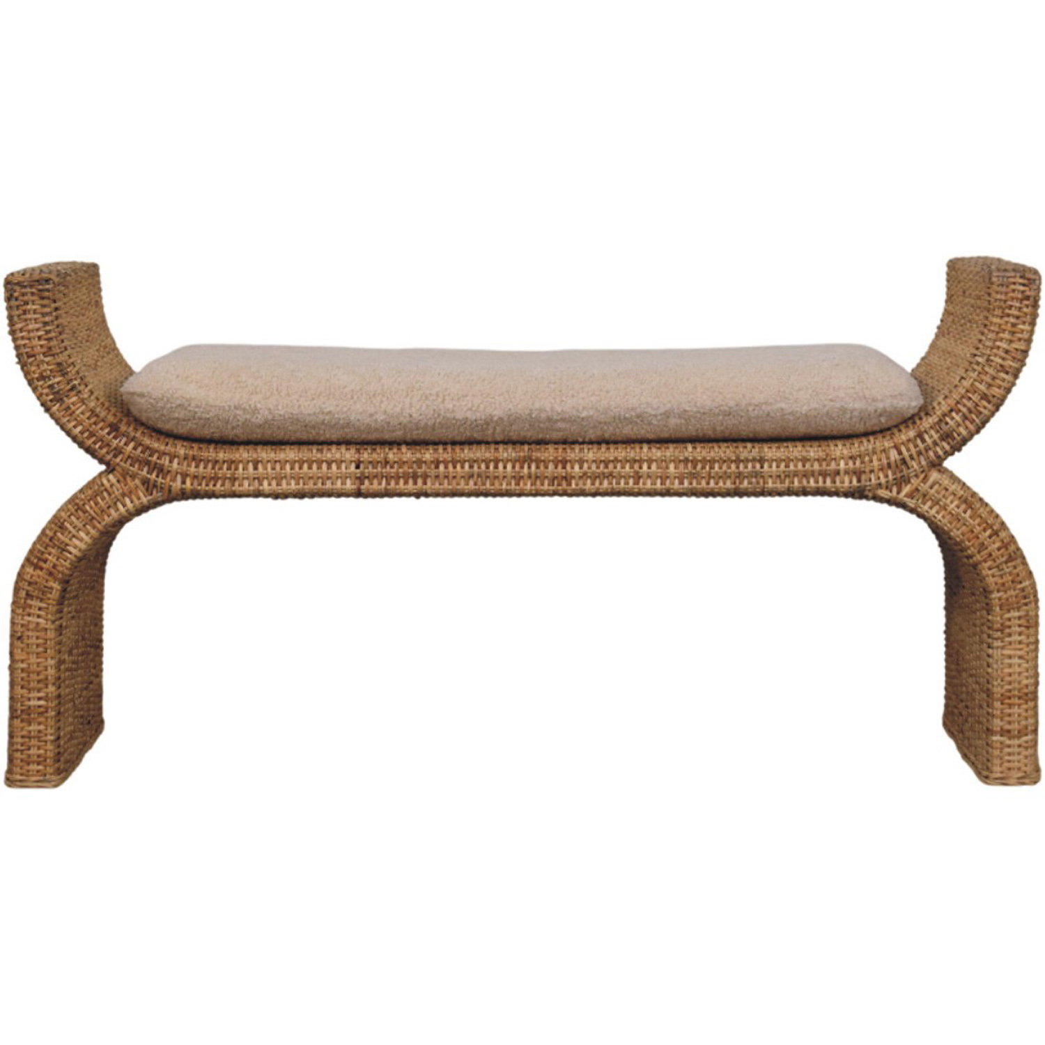 Artisan Furniture Brown and Cream Rattan Weave Boucle Upholstered Solid Wood Bench Image 2
