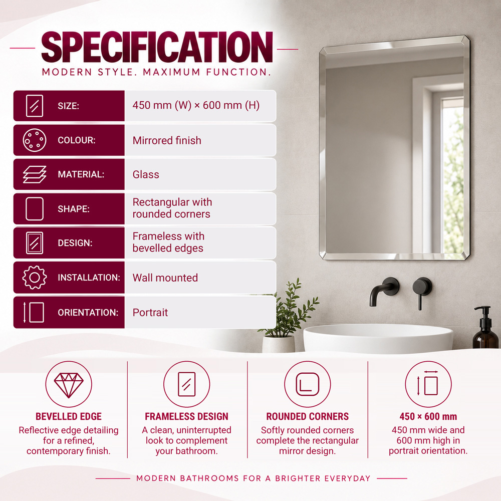 Go Bathrooms Tula Frameless Bevelled Bathroom Mirror 600 x 450mm Image 4