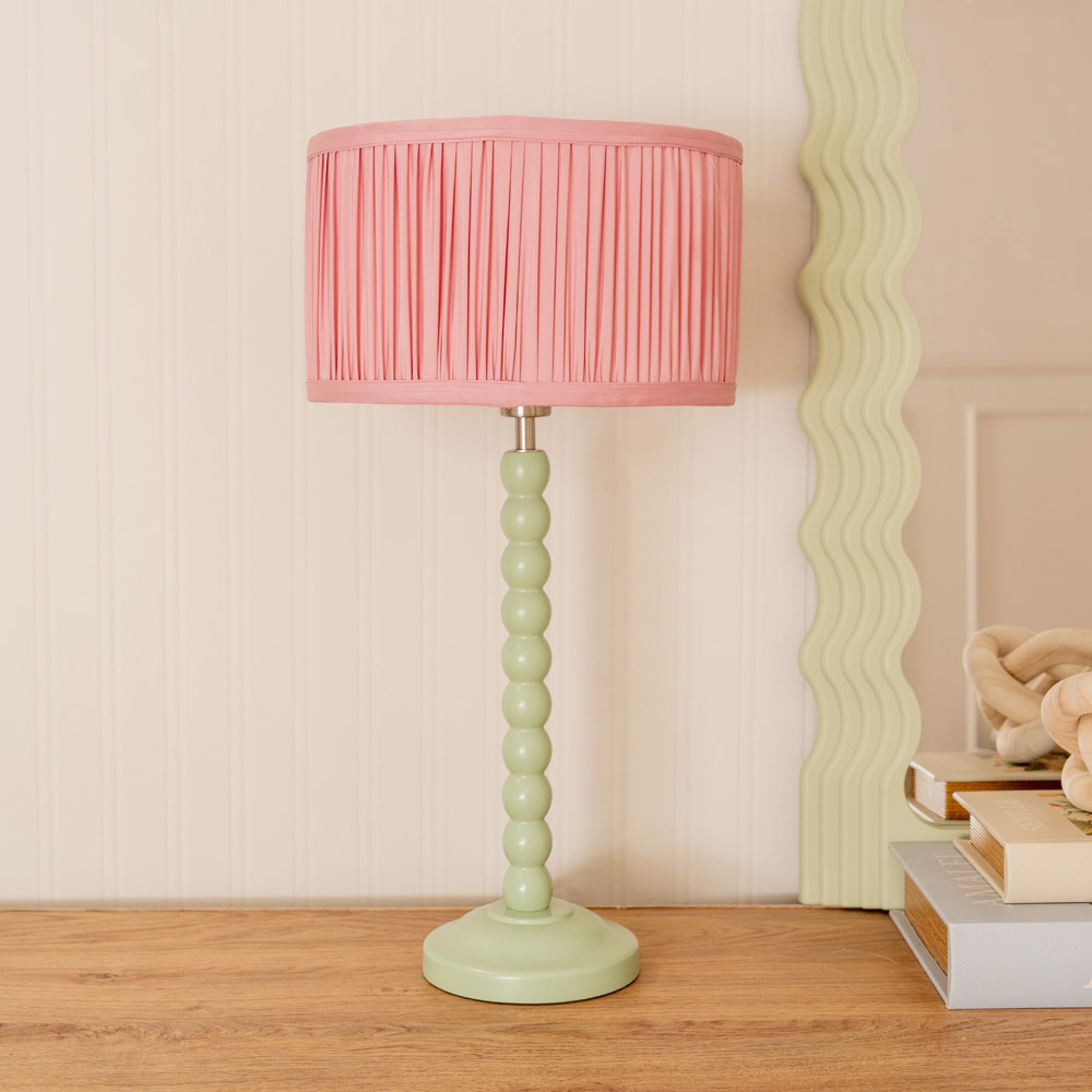 ValueLights Bobbins Ruched Pleated Blush Pink Drum Shade Sage Green LED Table Lamp Image 3