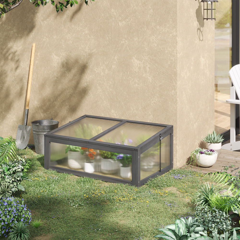 Outsunny Grey Wooden Polycarbonate 3.2 x 2.1ft Cold Frame with Top Cover Image 2