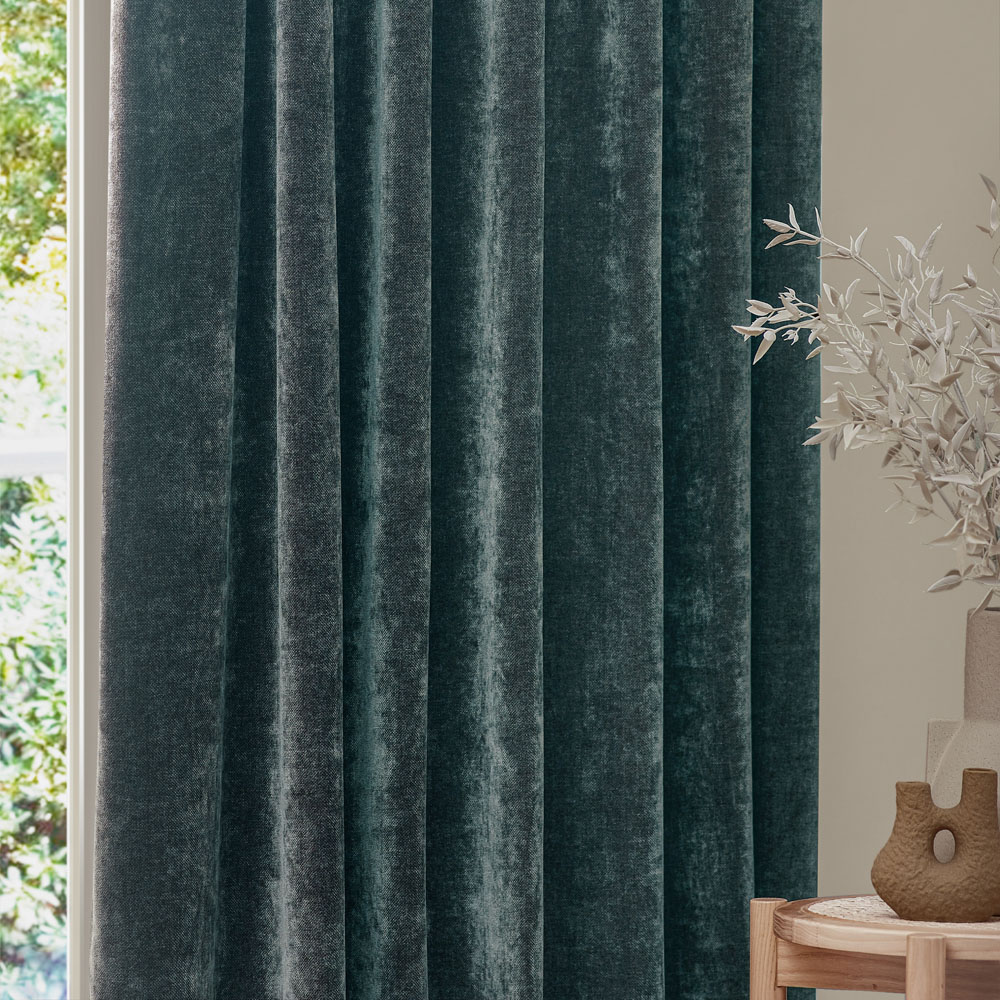 Yard Heavy Marine Chenille Velvet Pencil Pleat Curtains 117 x 137cm Image 2
