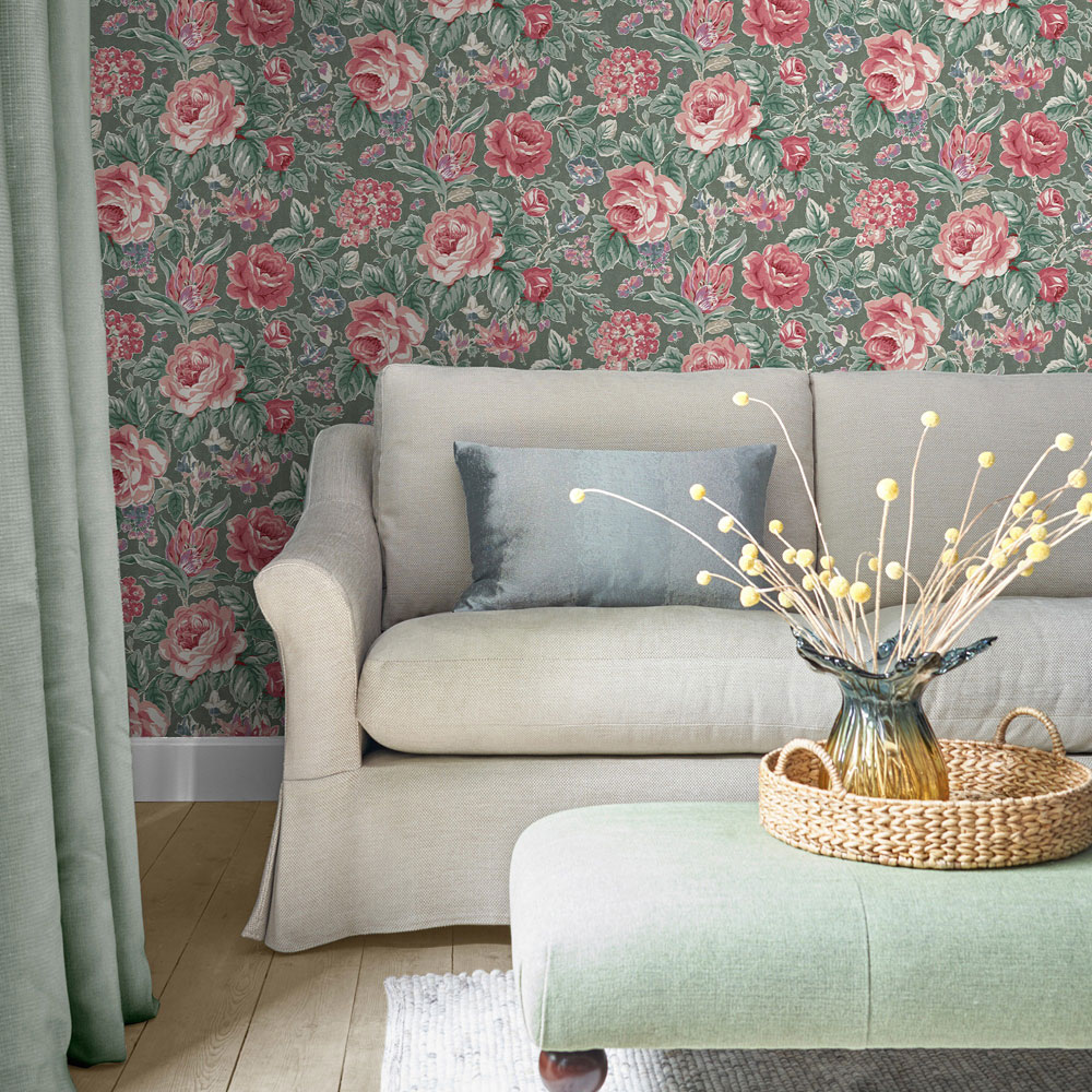 Laura Ashley Wild Roses Fern Green Wallpaper Image 3