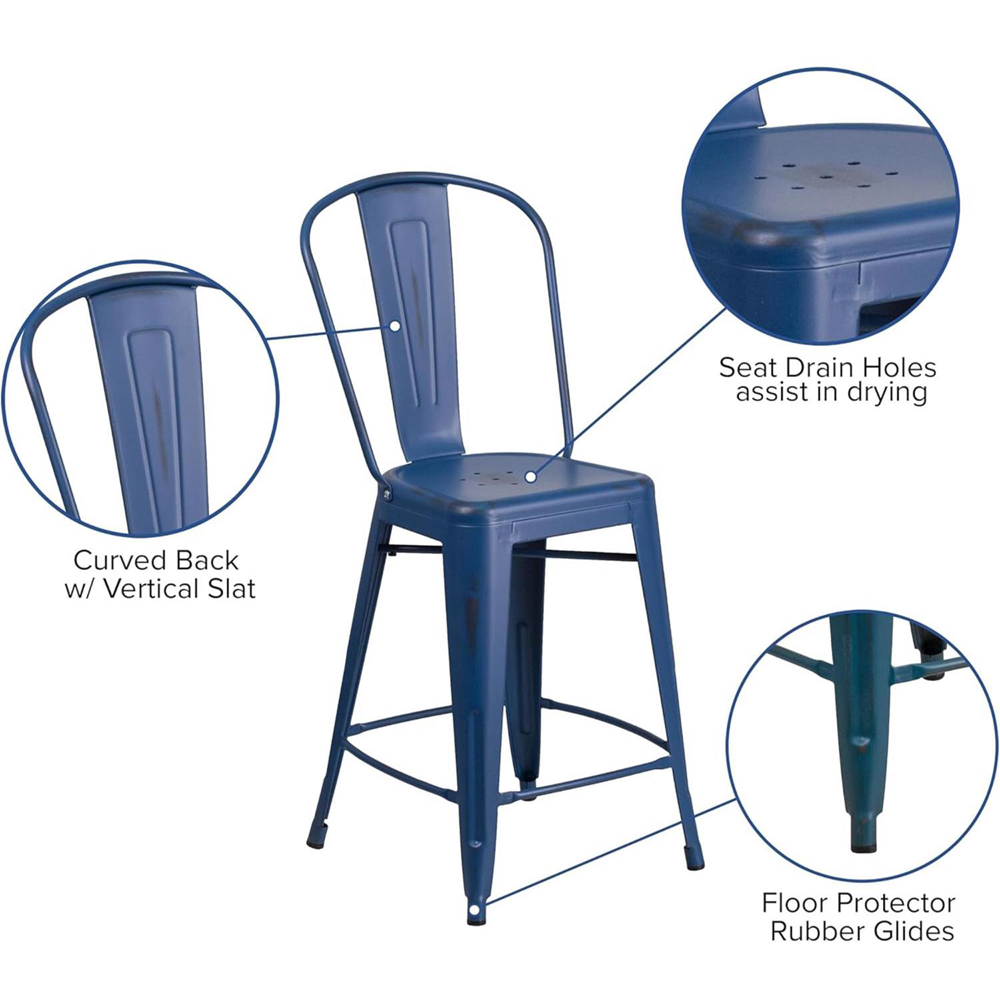 FWStyle Antique Blue Steel Bar Stools Set of 4 Image 4