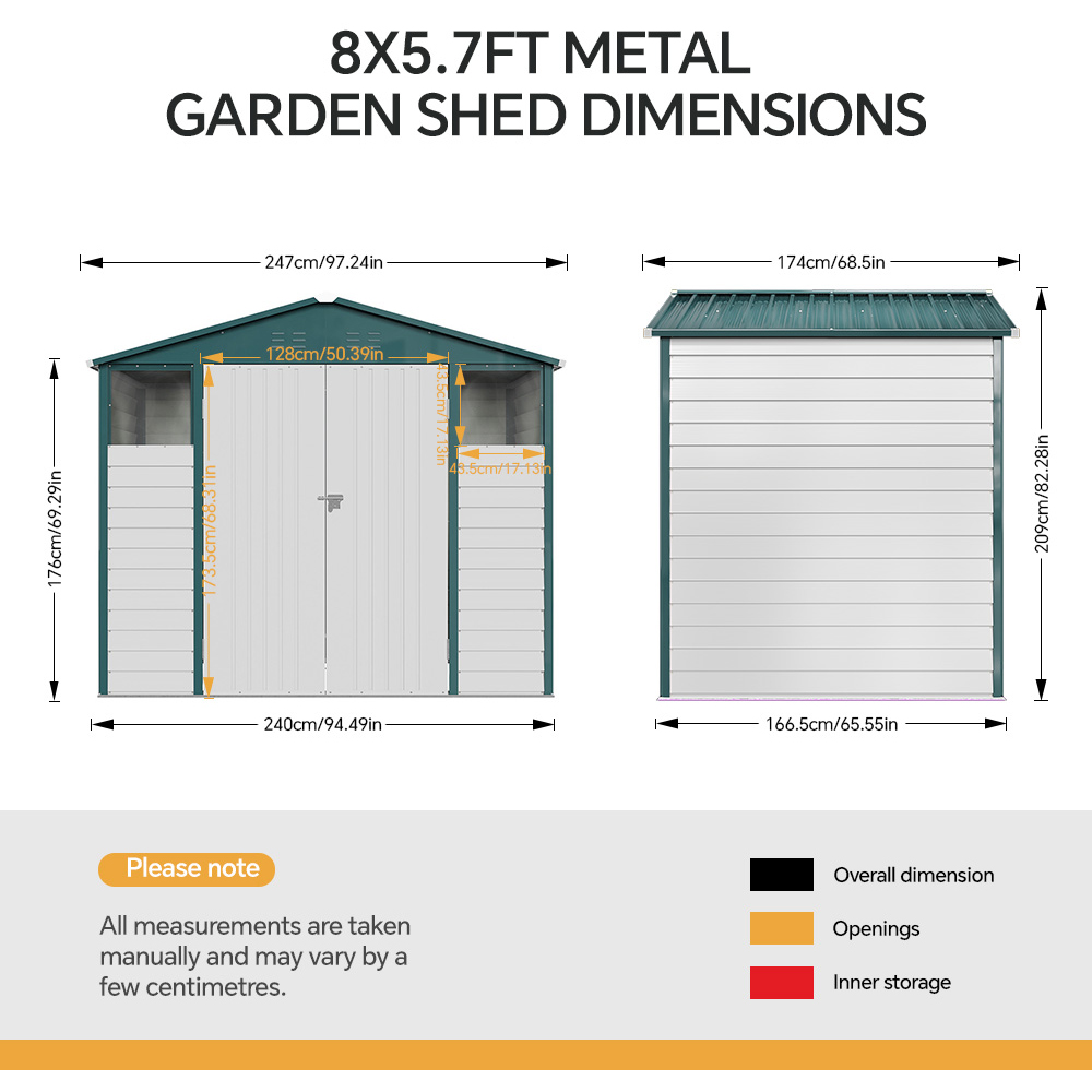 Living and Home 8 x 5.7ft White Metal Apex Roof Garden Storage Shed Image 8