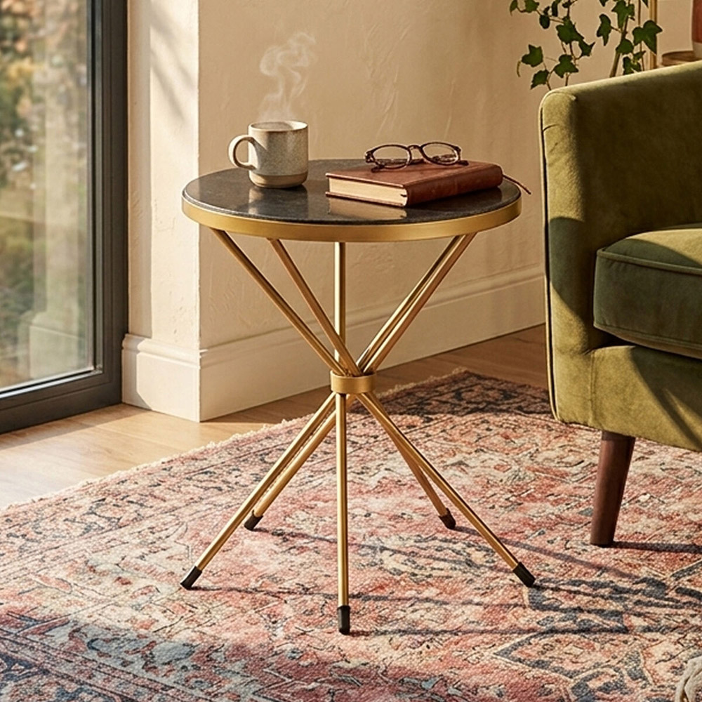 Premier Housewares Templar Black and Gold Round Side Table with Marble Top Image 3