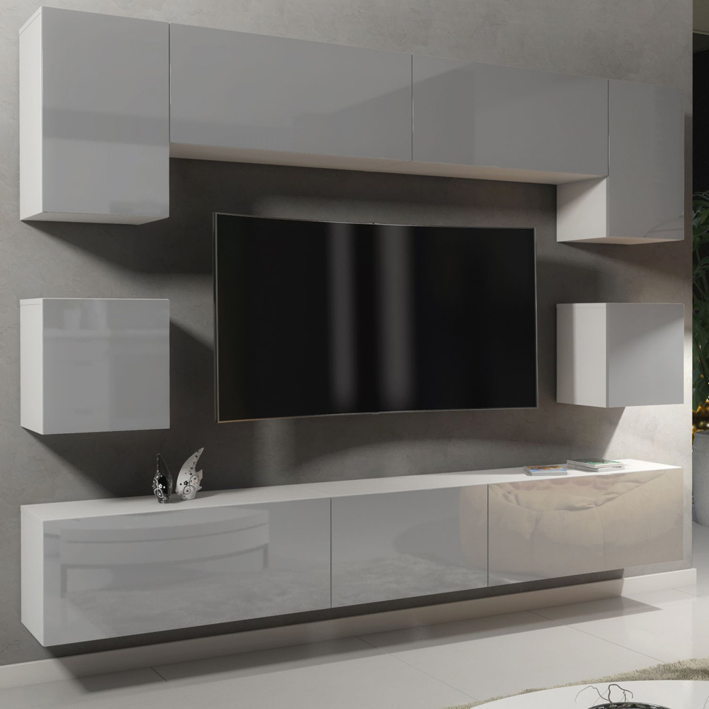 Creative Furniture Panorama White and Grey Gloss 9 Door Wall-Mounted TV Unit Image 3