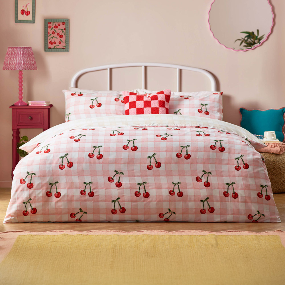 Heya Home Double Pink Cherry Gingham Printed Duvet Set Image 1