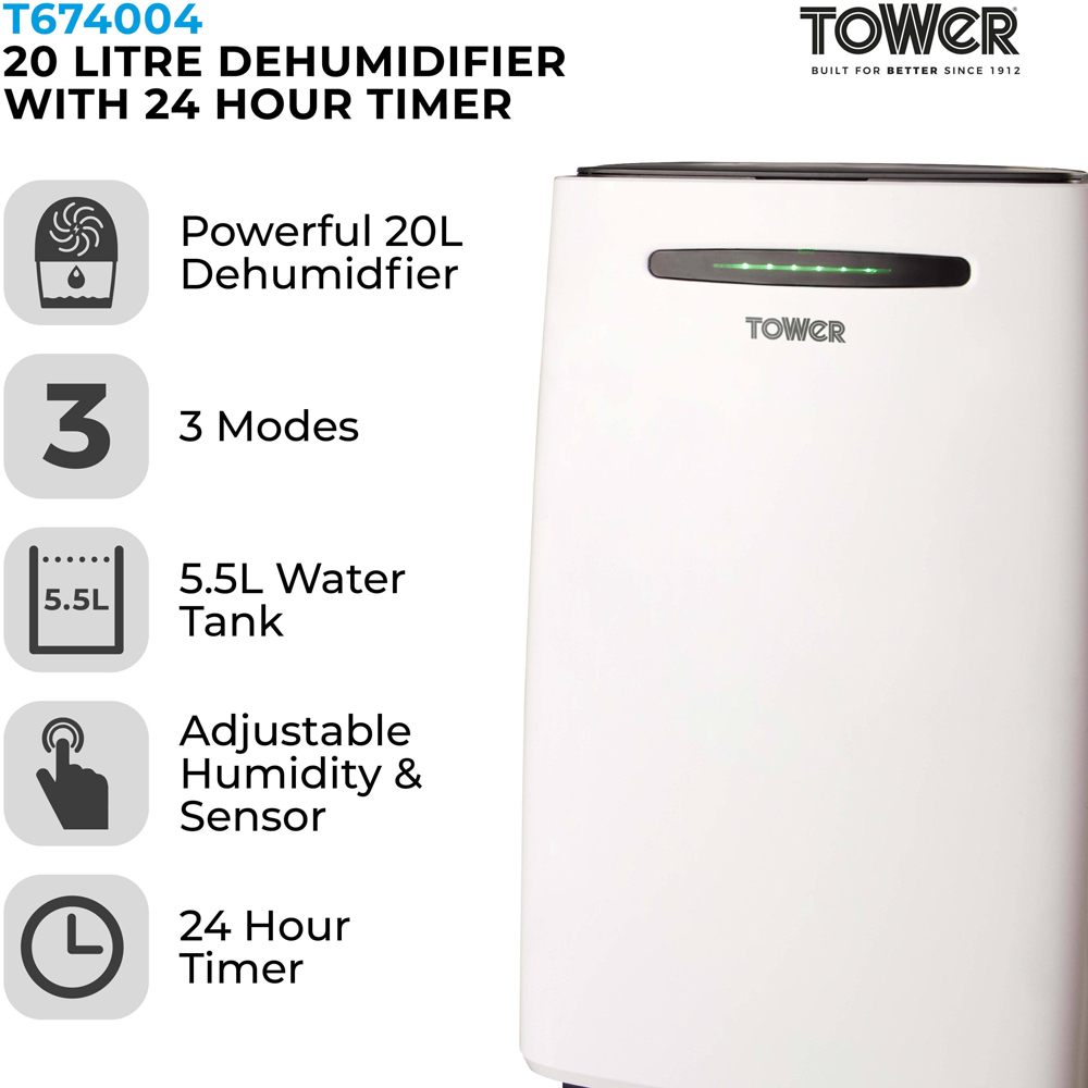 Tower 20L Dehumidifier with 24H Timer and 5.5L Water Tank Image 2