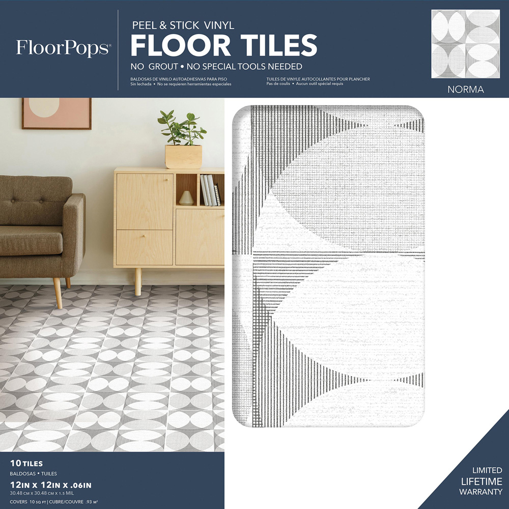Floorpops Grey and White Norma Peel and Stick Floor Tile 30.48 x 30.48cm 10 Pack Image 6