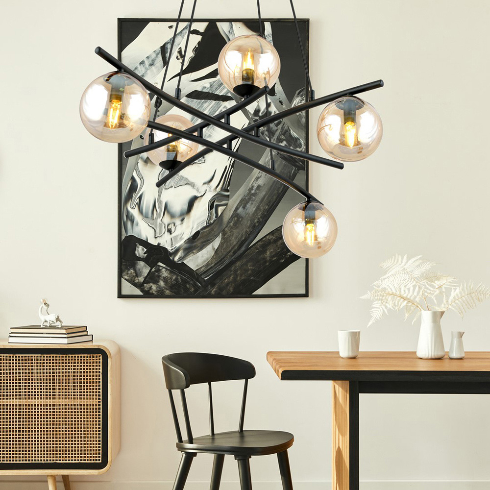 Emibig Essa 5 Light Amber Shade Black E14 Ceiling Pendant Light Image 2
