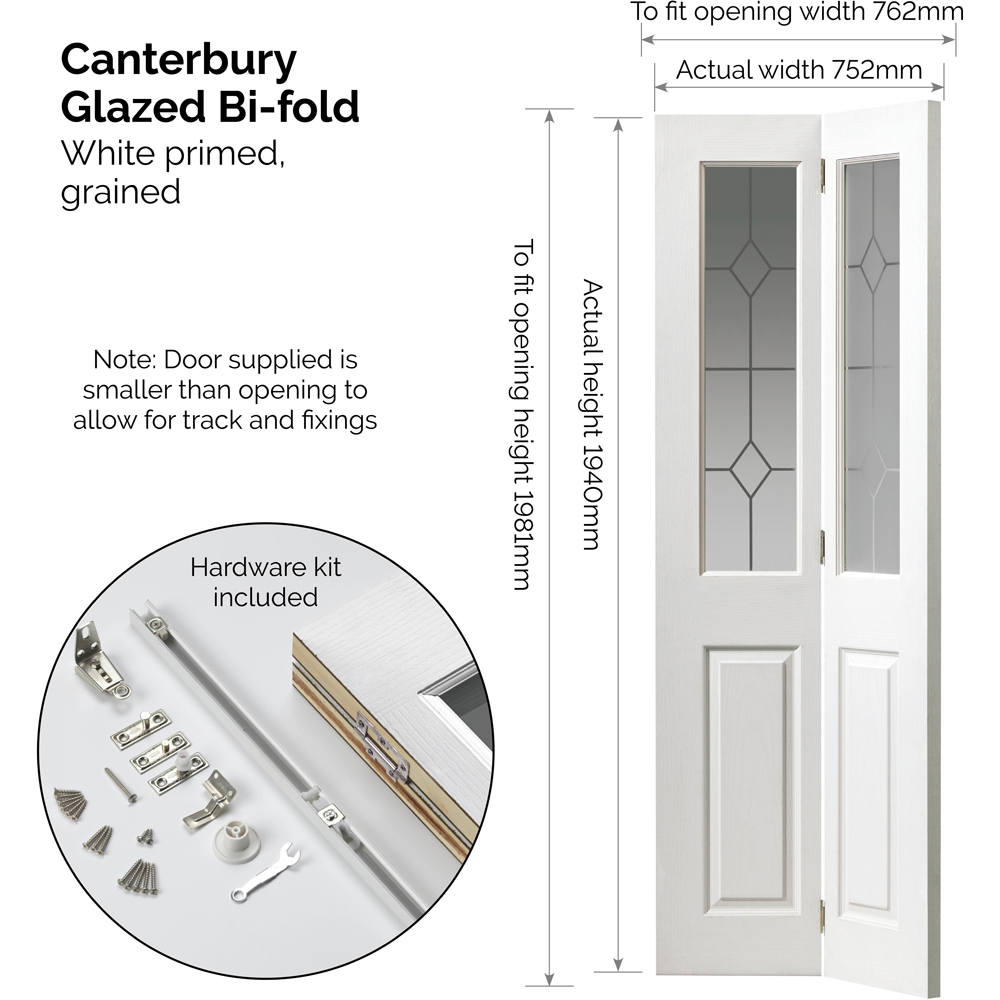 JB Kind Canterbury Grained Glazed White Primed Bi-Fold Door 1981 x 762mm Image 5
