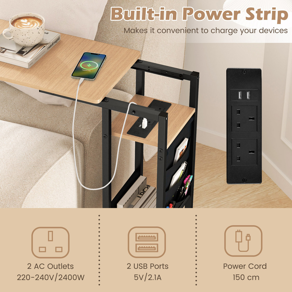 Costway Natural C Shaped End Table Rolling with Charging Station and Retractable Tabletop Image 6