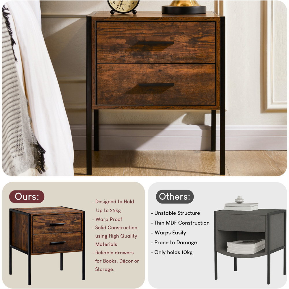 Vida Designs Brooklyn 2 Drawer Dark Wood Industrial Bedside Table Image 7