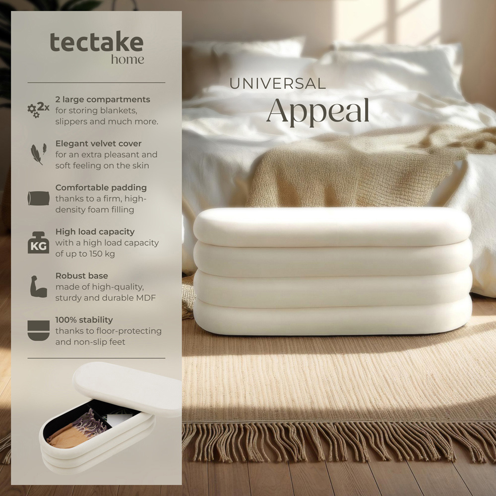 tectake Altu Cream White Velvet Padded Bench with Storage Image 3