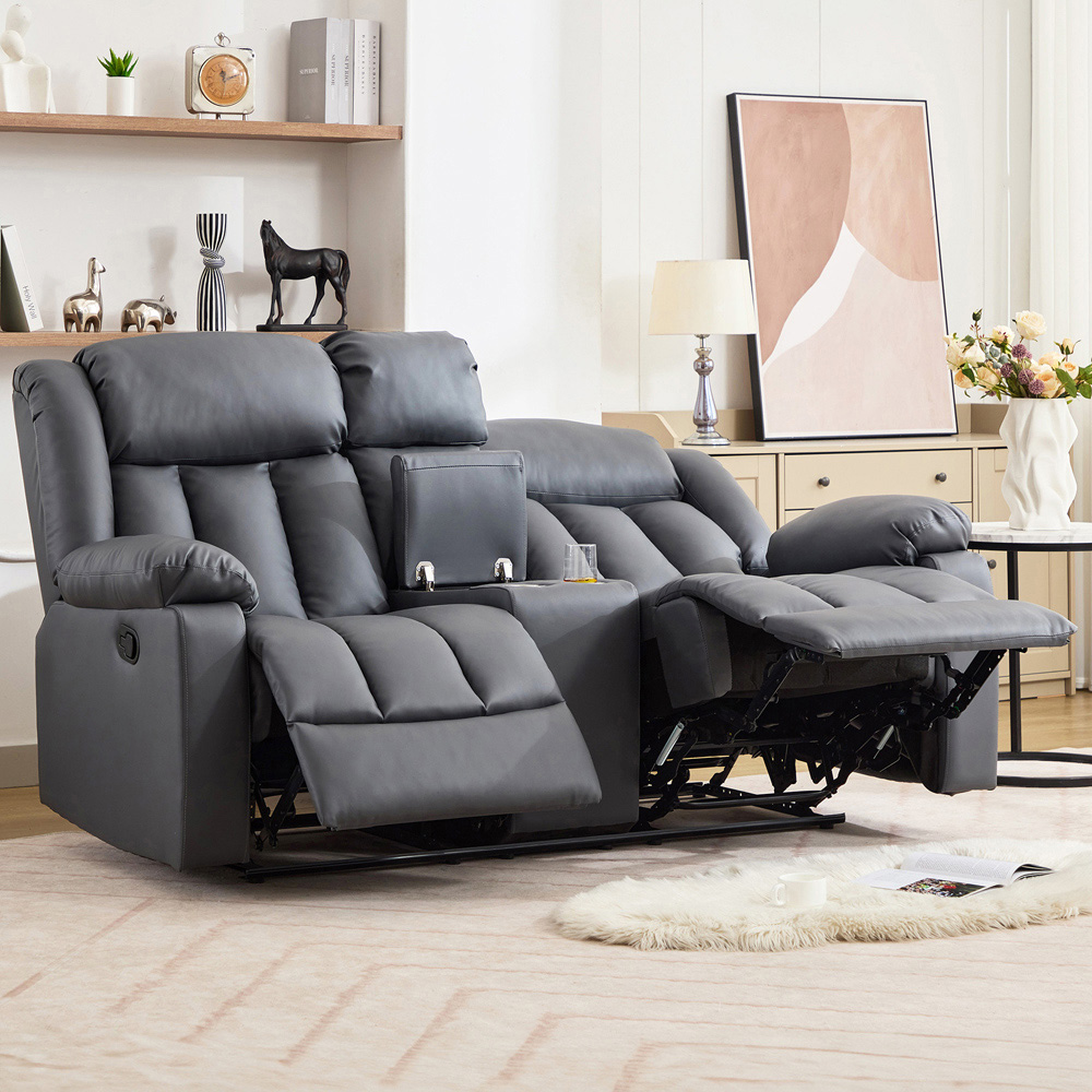 Artemis Home Sheridan 2 Seater Grey Leather Manual Recliner Sofa with Central Console Image 2