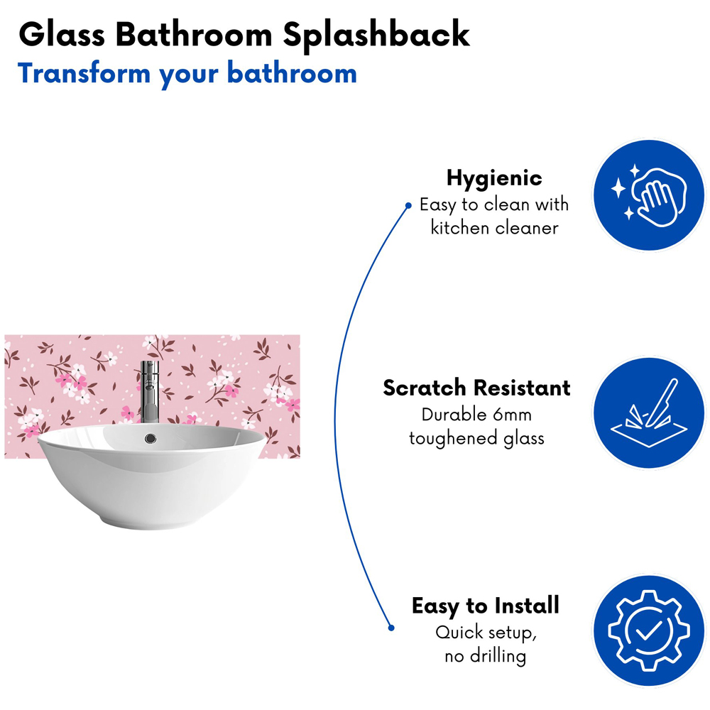 Warren Reed Designer Pretty Pink Flower Pattern Glass Bathroom Splashback 25 x 60cm Image 4