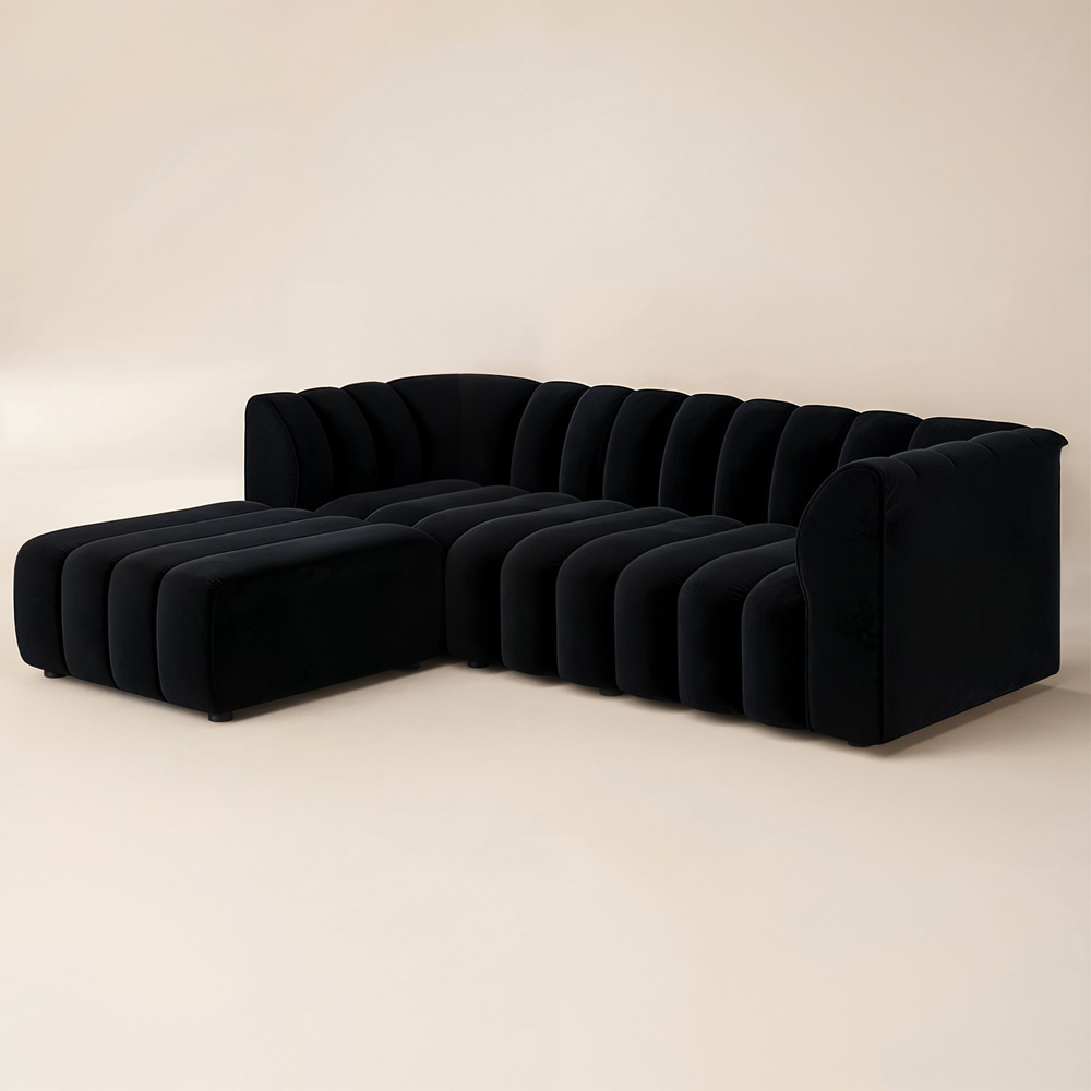 Solace+Co Halle 3 Seater Black Velvet Sofa with Footstool Image 3