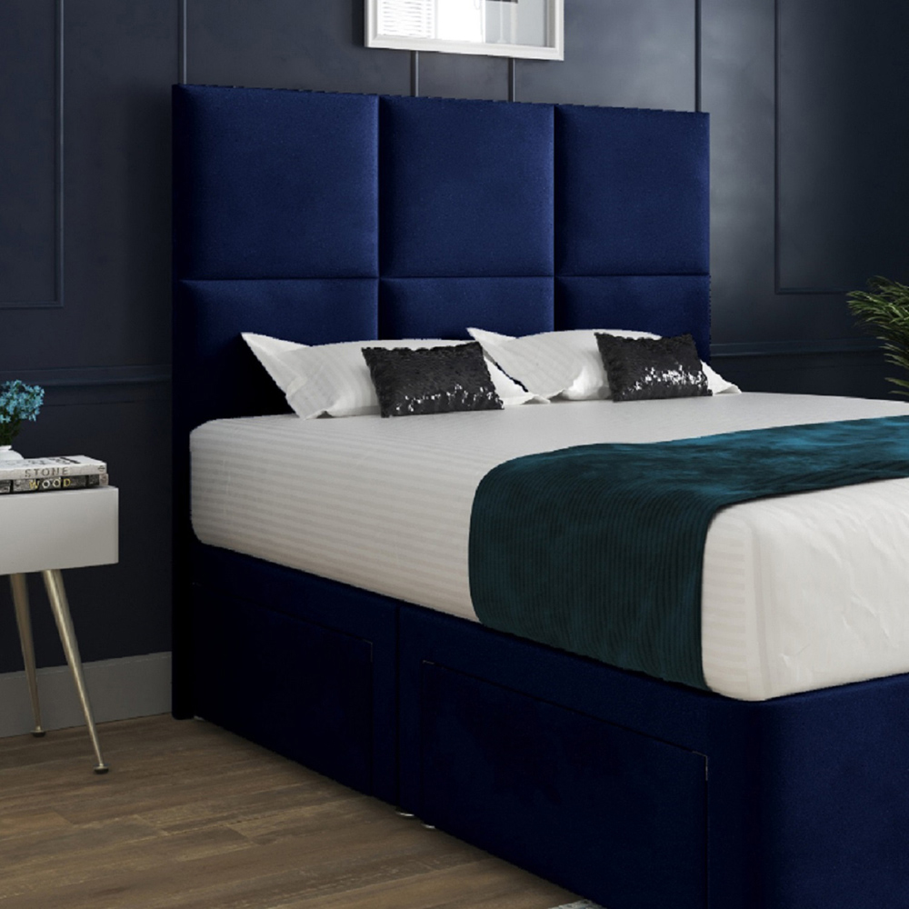 Caprio Blue Super King Size Upholstered Divan Bed Frame with Floorstanding Cube Headboard Image 3