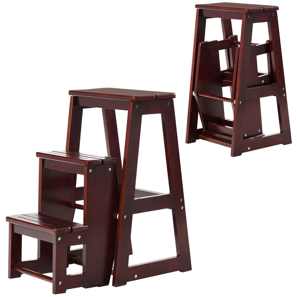 Costway 3 Step Coffee Wooden Folding Stool Stepladder Image 2
