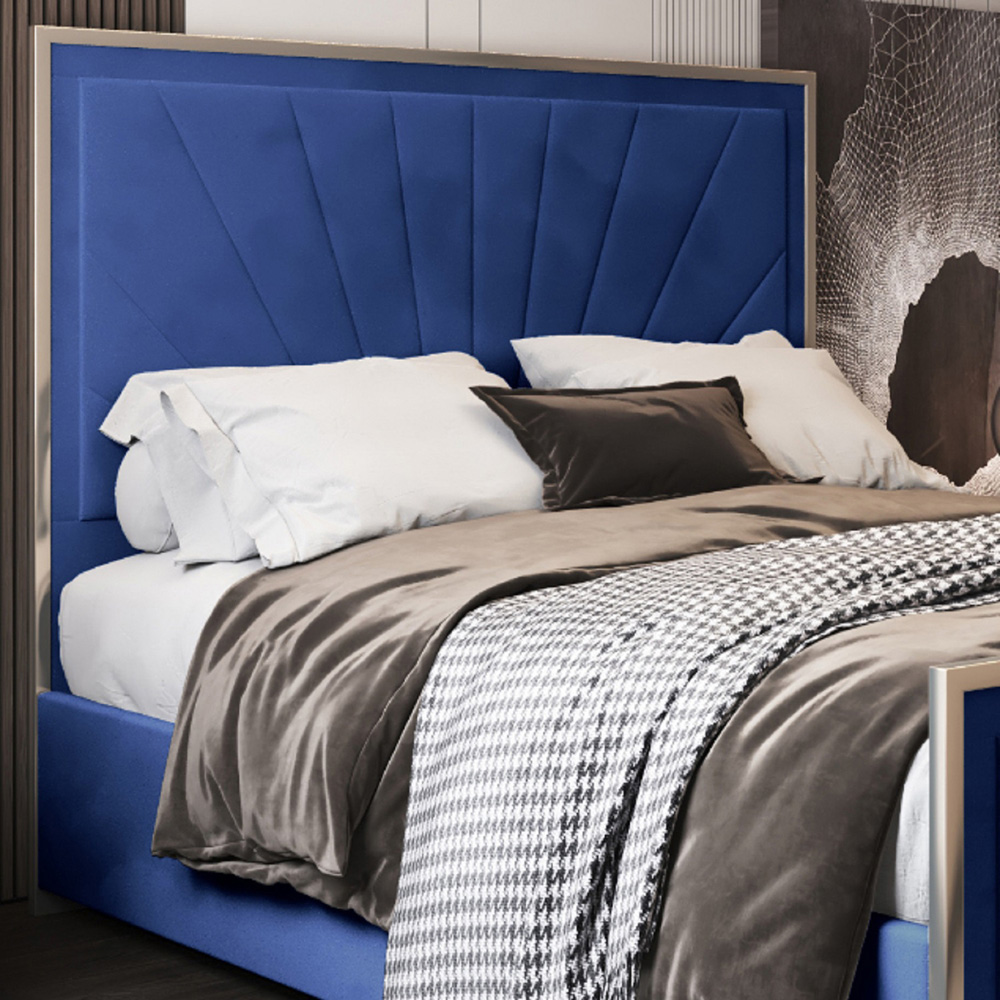 Roxy Small Double Blue Soft Velvet Upholstered Metal Bed Frame with Chevron Headboard Image 3