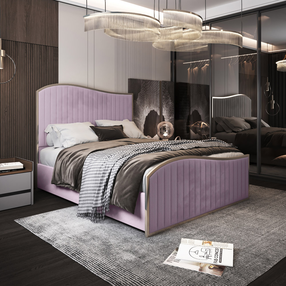 Brixton Pink King Size Velvet Upholstered Metal Bed Frame with Wave Headboard Image 6