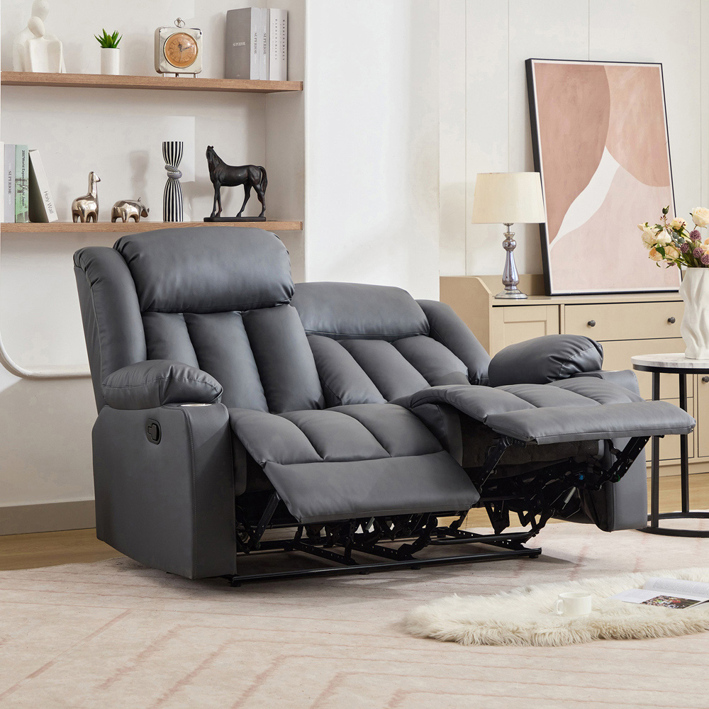 Artemis Home Sheridan 2 Seater Grey Leather Manual Recliner Sofa with Cup Holders Image 3