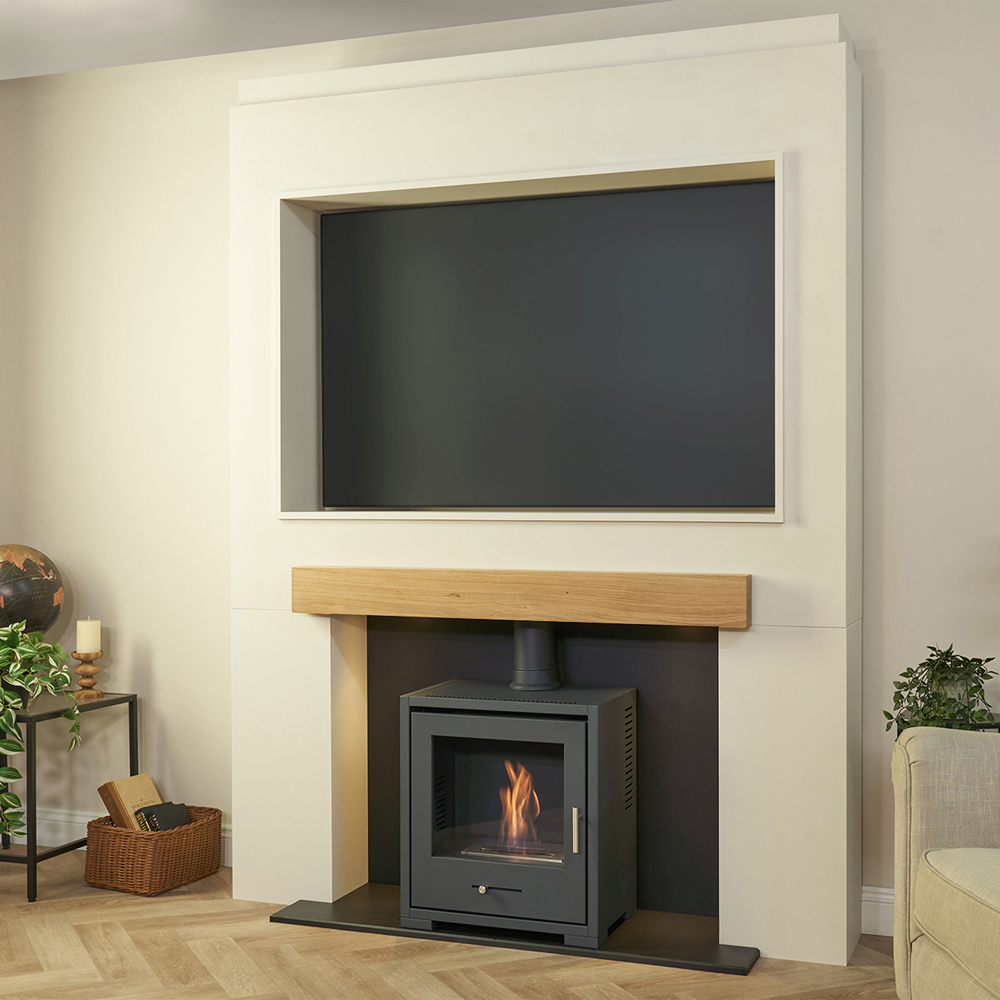 Acantha Pre-Built Media Wall 2 with TV Recess and Charcoal Grey Bio-Ethanol Stove Image 2