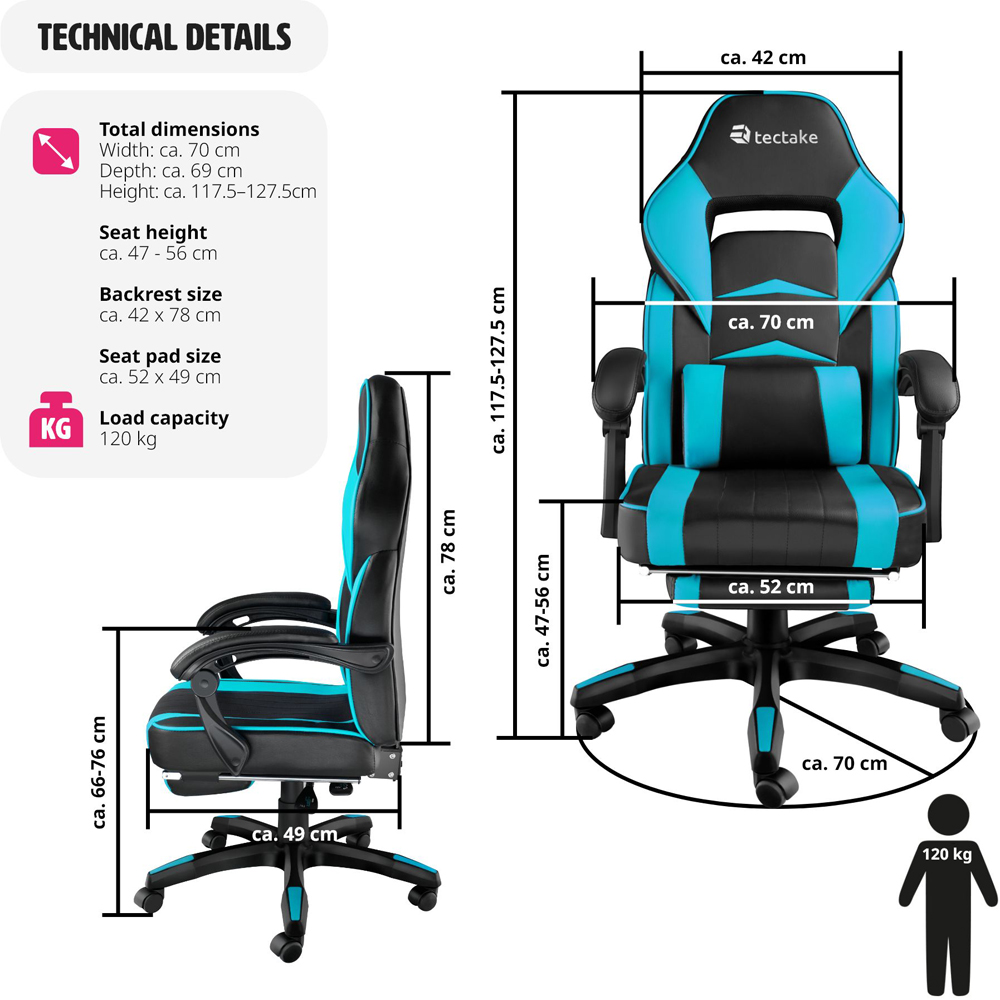 tectake Comodo Black and Azure Gaming Chair Image 9