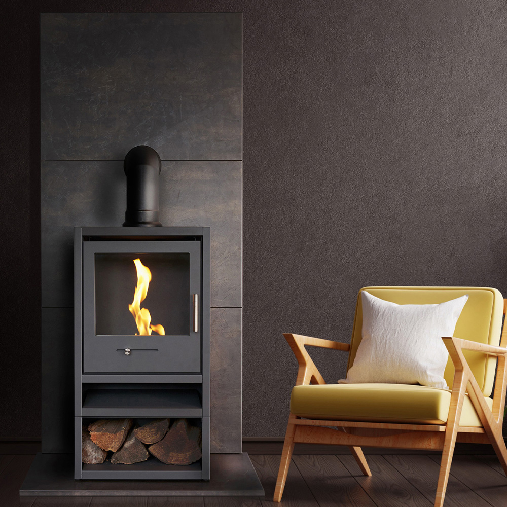 OKO S1 Charcoal Grey Bio Ethanol Stove with Log Storage and Angled Pipe Image 2