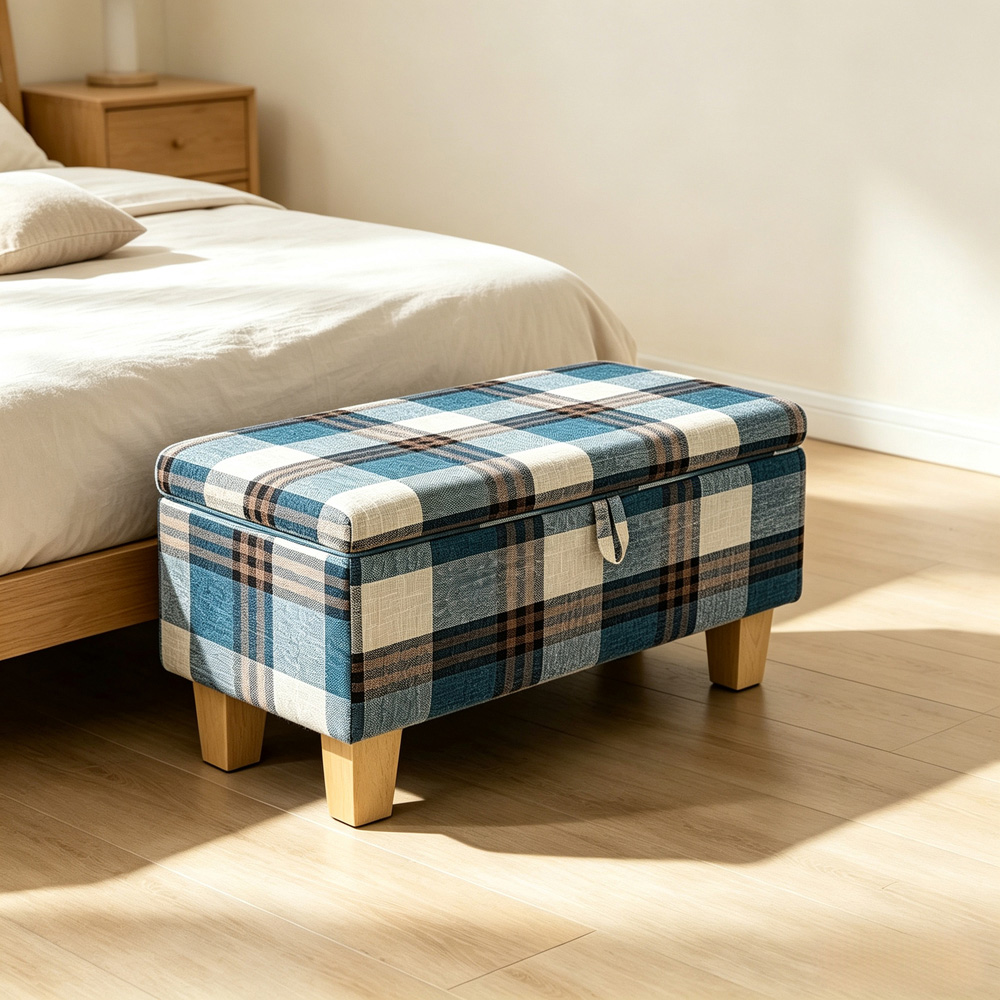 Living and Home Blue Tartan Linen Storage Ottoman Bench Image 7