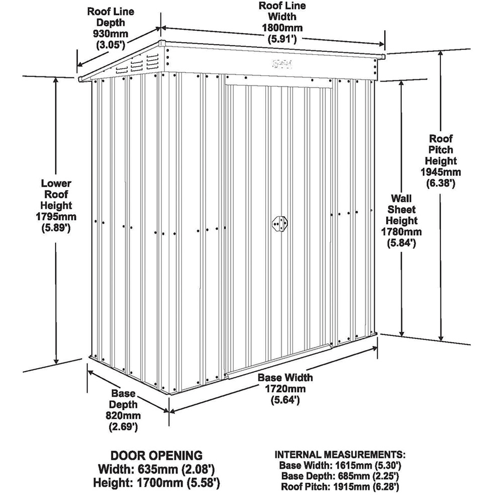 Globel 6 x 3ft 2 Door Grey Metal Pent Garden Shed Image 3