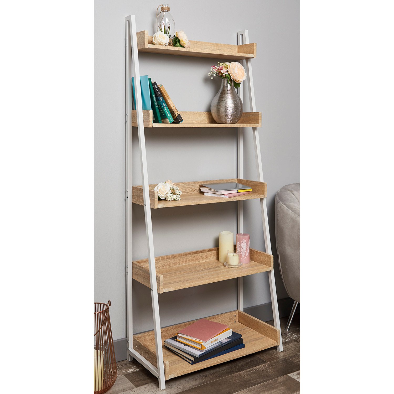 Harlow 5 Shelf White and Light Oak Metal Bookcase Image 5