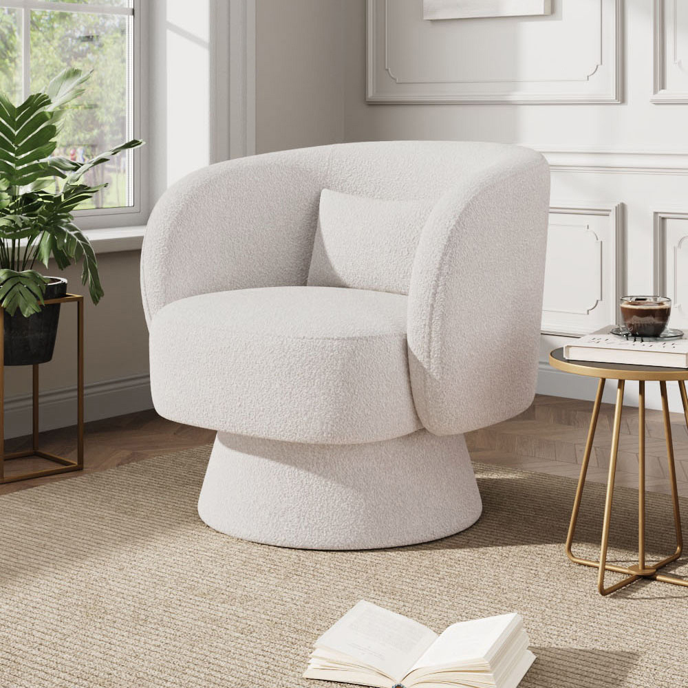 Living and Home White Teddy Fur Upholstered Swivel Chair with Pillow Image 3