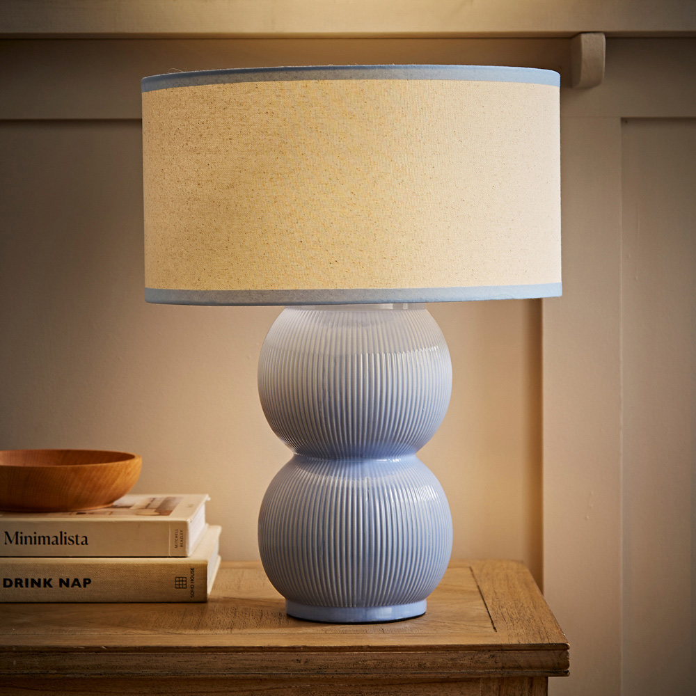 ValueLights Gemma Linen with Blue Trim Shade Stacked Ribbed Blue Glazed Table Lamp with Bulb Image 2